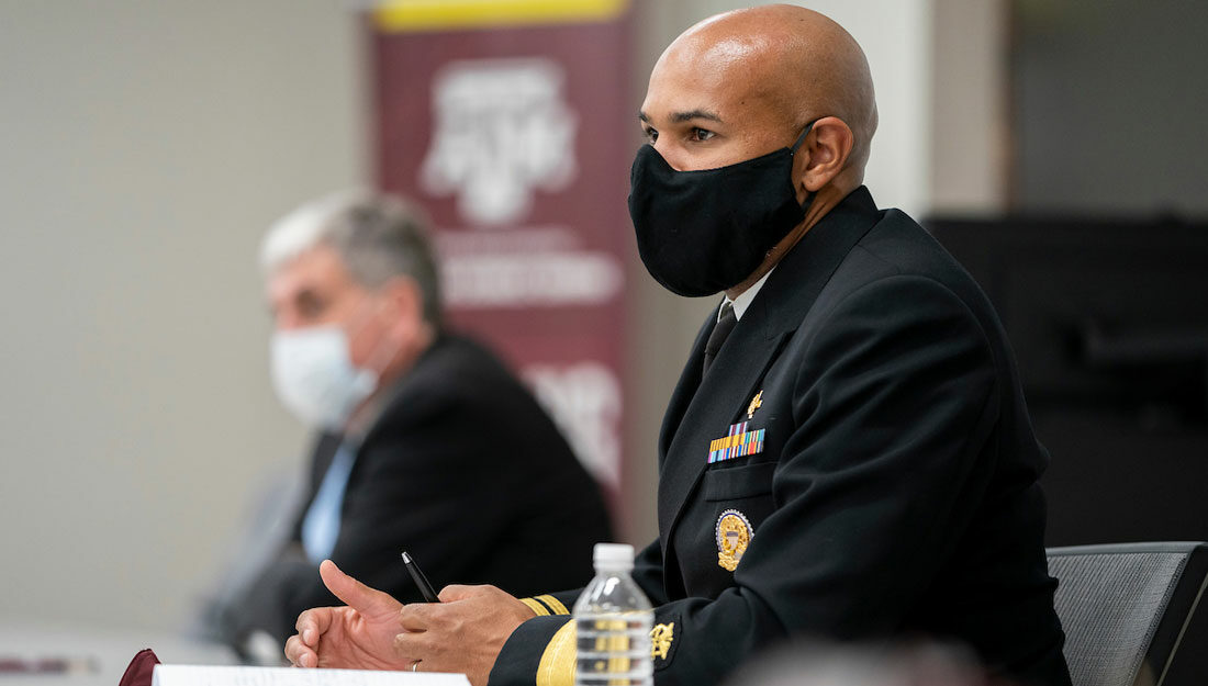 U.S. Surgeon General Gerome Adams speaks with Texas A&M leadership and students