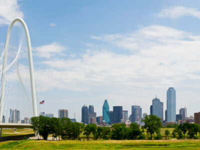 view of Margaret Hunt Hill Bridge leading to metropolitan Dallas, Texas