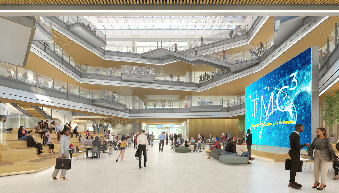 Rendering of the interior of the TMC3 Collaborative Building where people are seen mingling and interacting