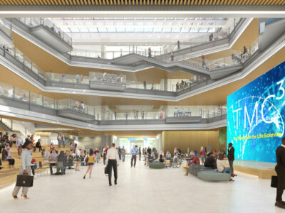 Rendering of the interior of the TMC3 Collaborative Building where people are seen mingling and interacting